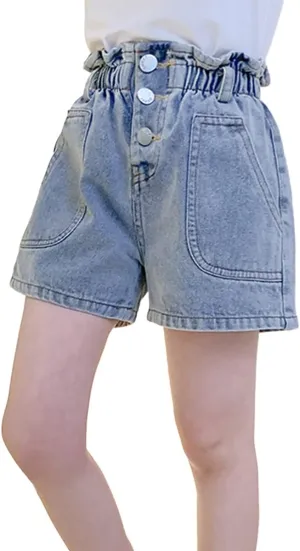 Rolanko Girls Denim Shorty Shorts Elastic Waist Kids Summer Jean Shorts 4-14 Years