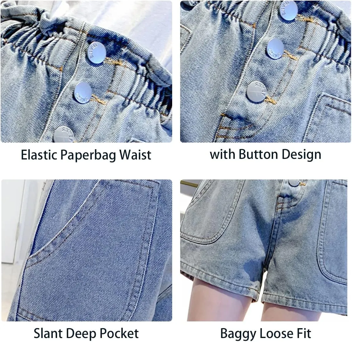 Rolanko Girls Denim Shorty Shorts Elastic Waist Kids Summer Jean Shorts 4-14 Years