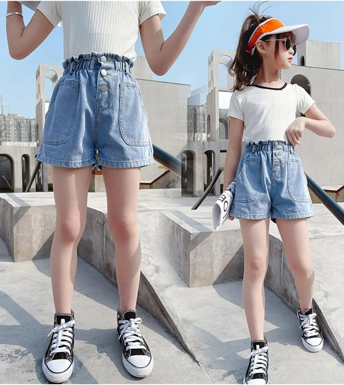 Rolanko Girls Denim Shorty Shorts Elastic Waist Kids Summer Jean Shorts 4-14 Years