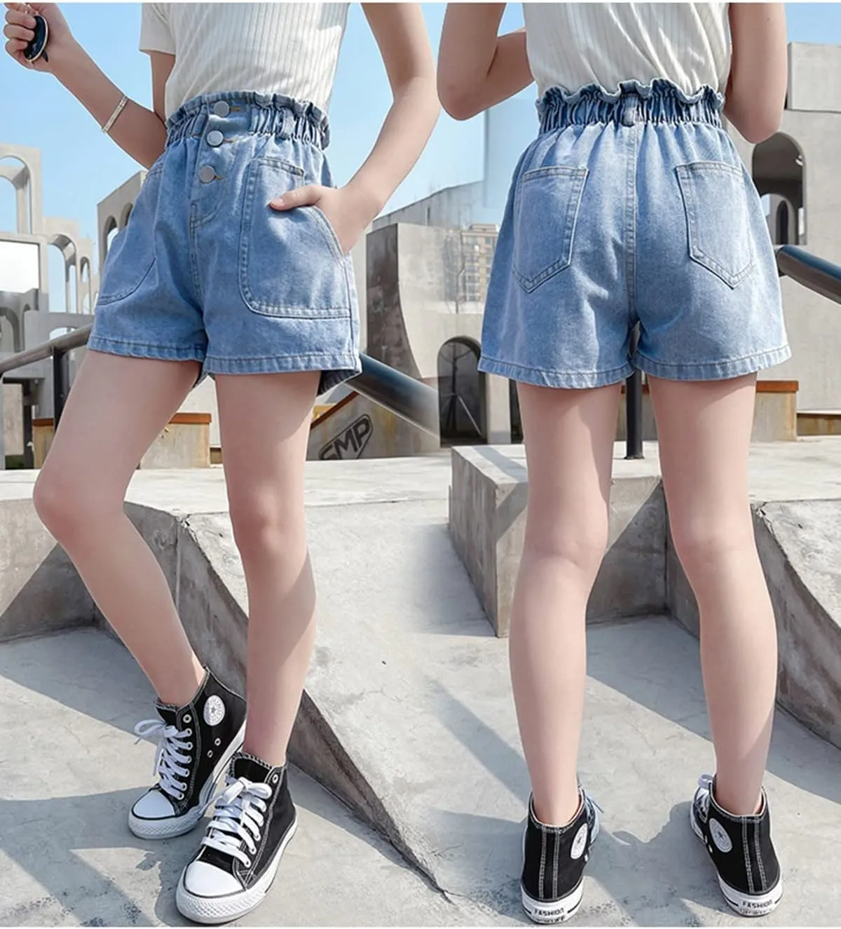 Rolanko Girls Denim Shorty Shorts Elastic Waist Kids Summer Jean Shorts 4-14 Years