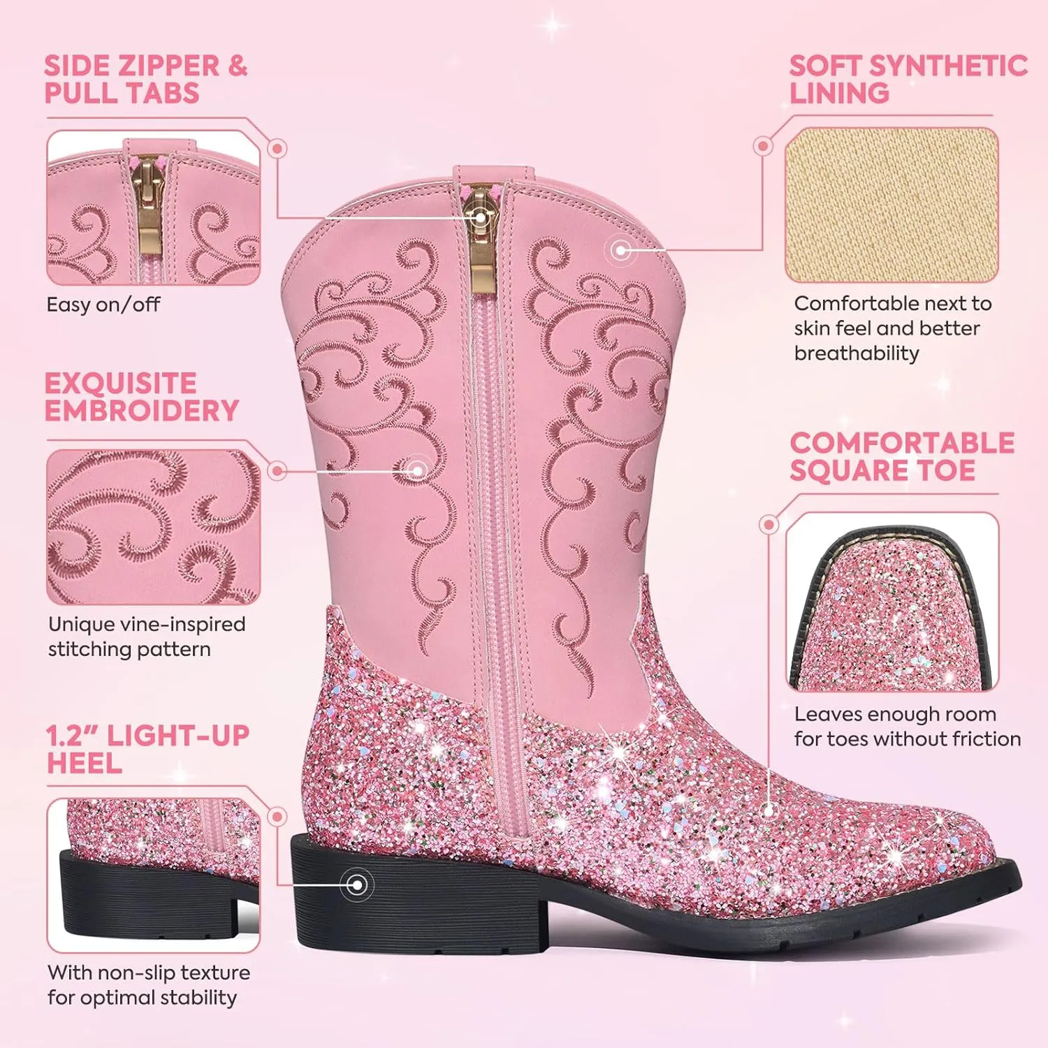 Rollda Girls Cowboy Boots Glitter Western Boots Sequin Cowgirl Boots for Girls