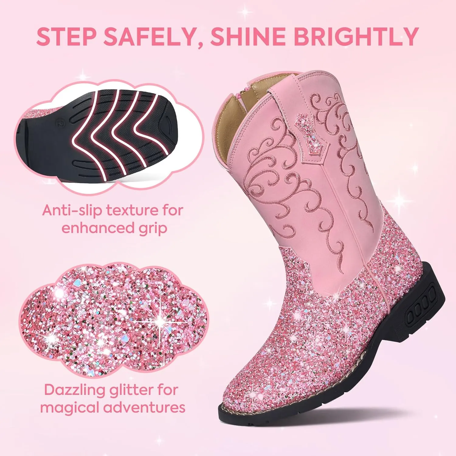 Rollda Girls Cowboy Boots Glitter Western Boots Sequin Cowgirl Boots for Girls