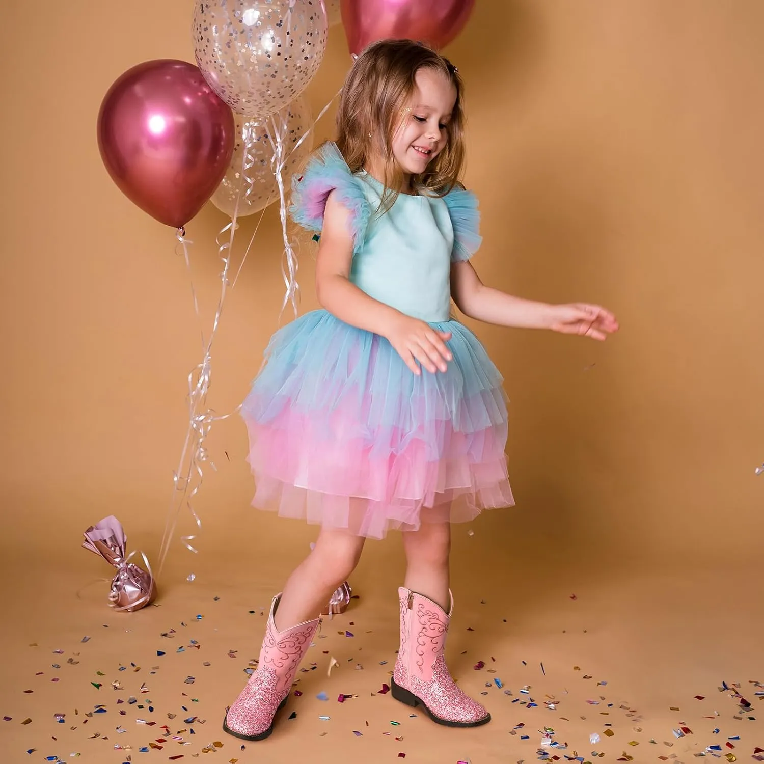 Rollda Girls Cowboy Boots Glitter Western Boots Sequin Cowgirl Boots for Girls