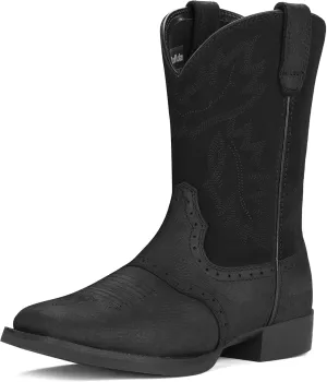 Rollda Leather Cowboy Boots for Men Western Boots Square Toe Chunky Heel Mid-Calf Boots Classic Embroidered with Pull On Tabs