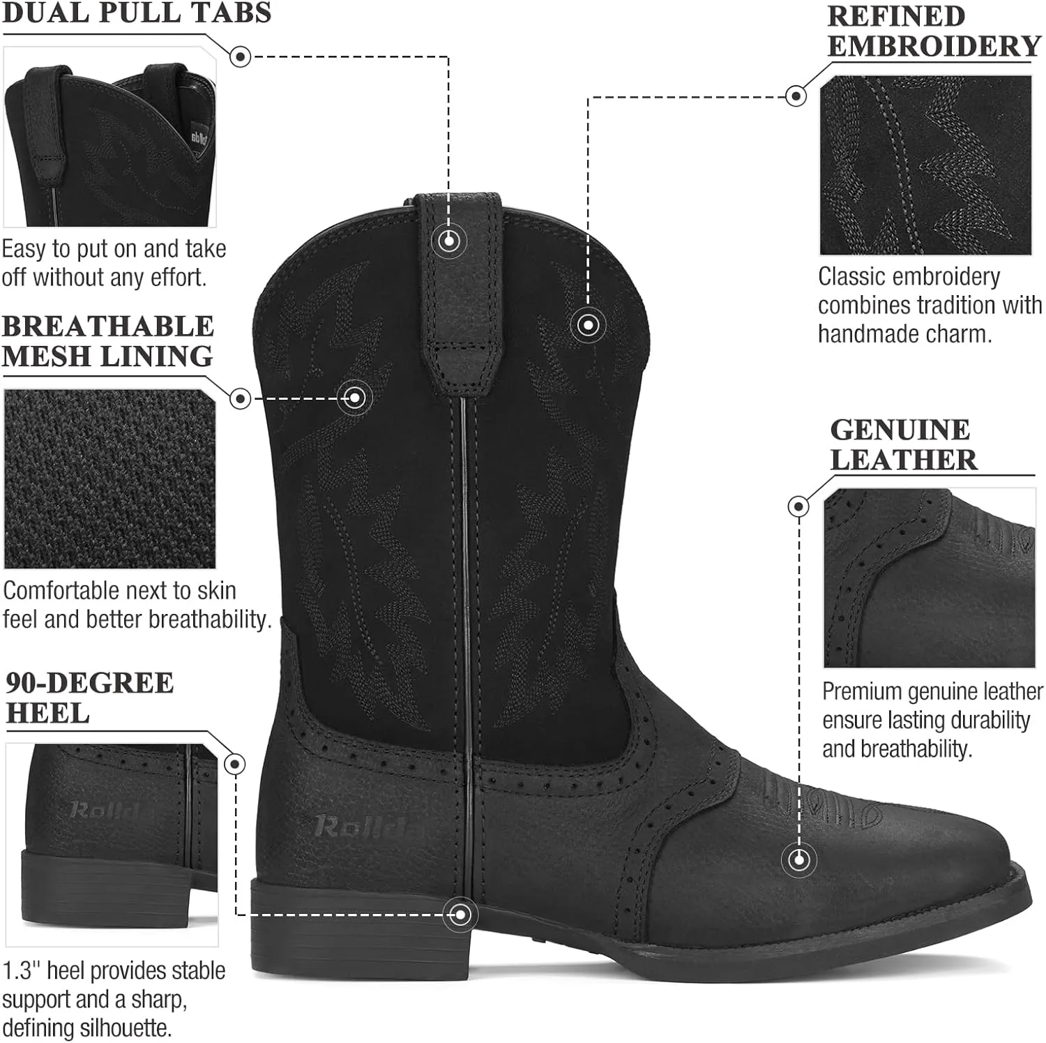 Rollda Leather Cowboy Boots for Men Western Boots Square Toe Chunky Heel Mid-Calf Boots Classic Embroidered with Pull On Tabs