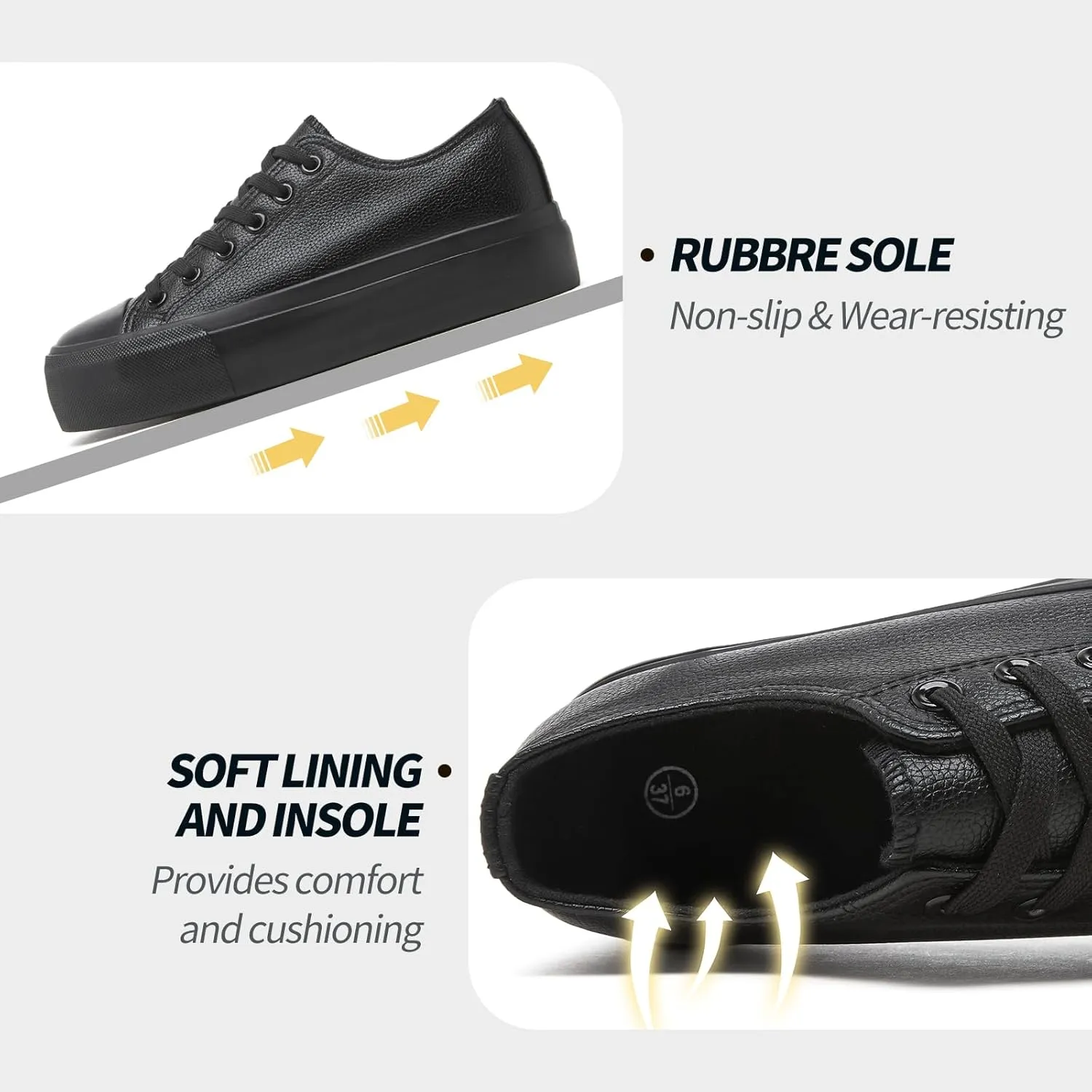 Rominz Women's White Platform Sneakers PU Leather Platform Shoes Classic Black Low Top Sneakers Casual Walking Shoes for Women