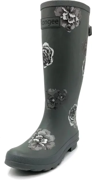 Rongee Rain Boots for Women Waterproof Floral Printed with Adjustable Buckle