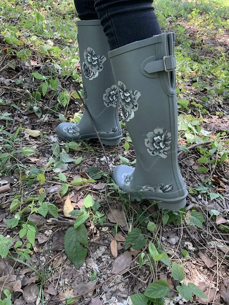 Rongee Rain Boots for Women Waterproof Floral Printed with Adjustable Buckle