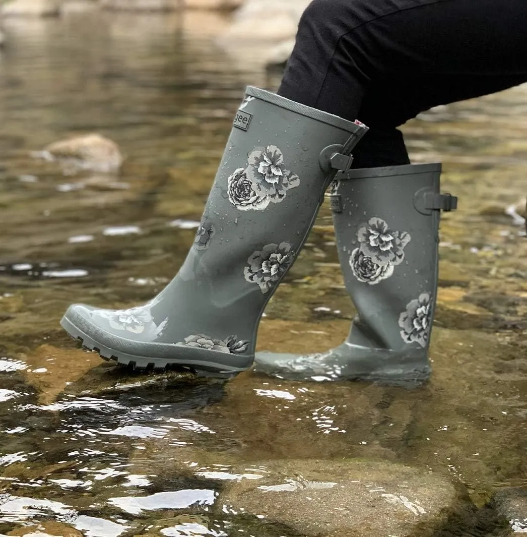 Rongee Rain Boots for Women Waterproof Floral Printed with Adjustable Buckle