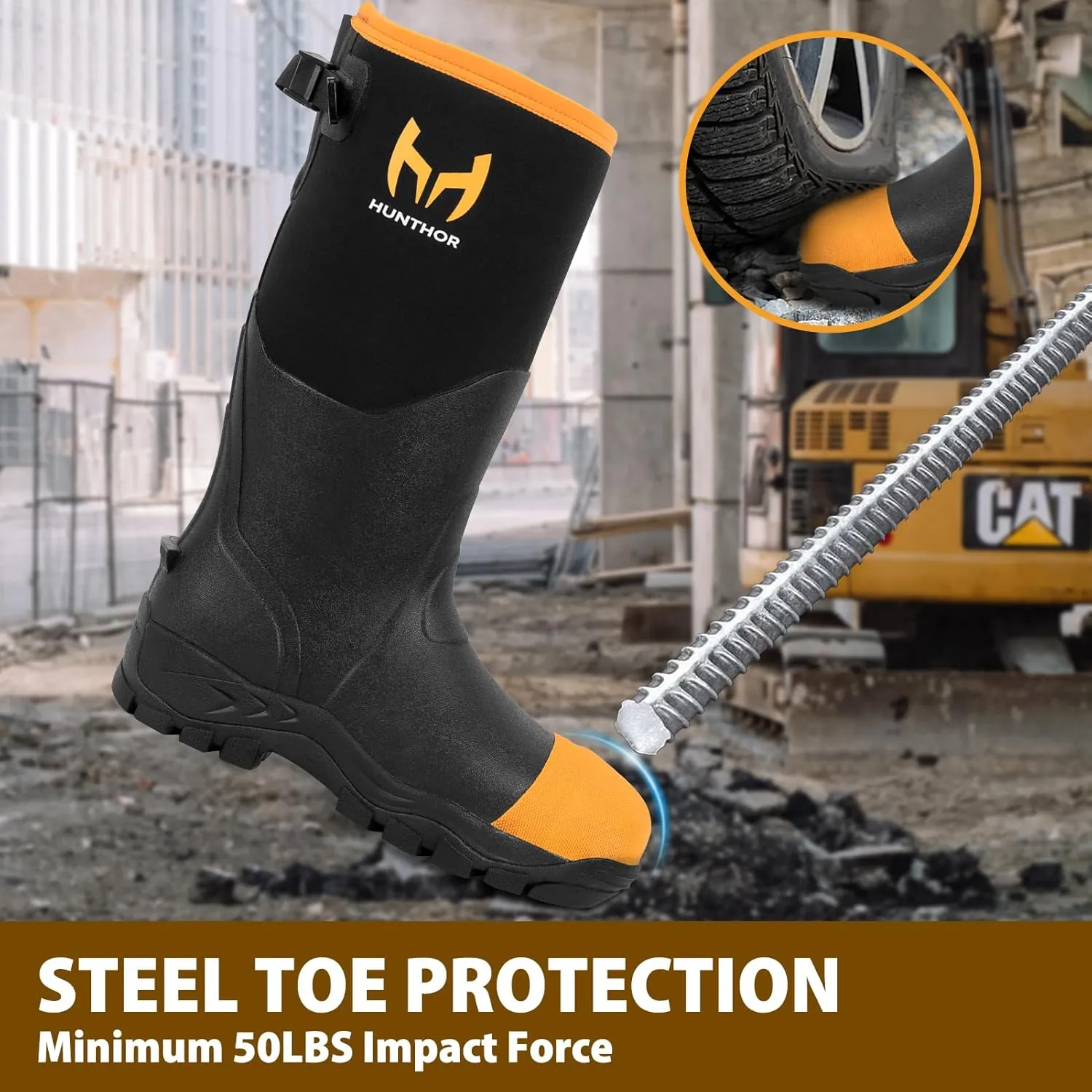 Rubber Work Boots for Men with Steel Toe, 1100N Puncture-Proof Hunting Boots with 7mm Neoprene Waterproof and EVA Midsole, Adjustable Back Gusset, Ideal for Hunting, Work, and Farming Size 7-14
