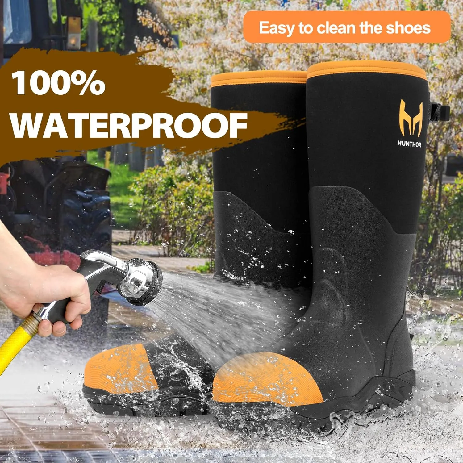 Rubber Work Boots for Men with Steel Toe, 1100N Puncture-Proof Hunting Boots with 7mm Neoprene Waterproof and EVA Midsole, Adjustable Back Gusset, Ideal for Hunting, Work, and Farming Size 7-14