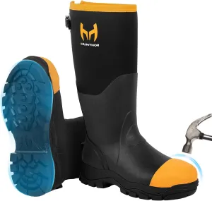 Rubber Work Boots for Men with Steel Toe, 1100N Puncture-Proof Hunting Boots with 7mm Neoprene Waterproof and EVA Midsole, Adjustable Back Gusset, Ideal for Hunting, Work, and Farming Size 7-14