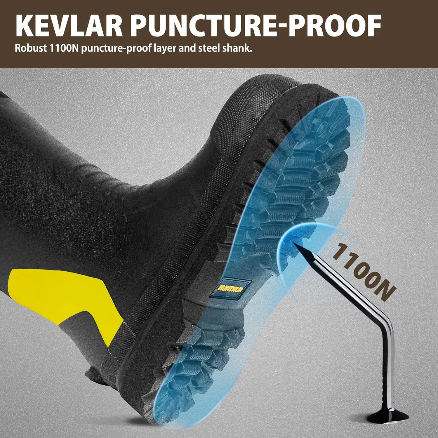 Rubber Work Boots, Puncture-Proof with Steel Toe & Shank, Lightweight Waterproof Anti Slip EVA Outsole Hunting Boots for Men, 6mm Neoprene for Construction, Manufacturing or Farming(Size 6-14)