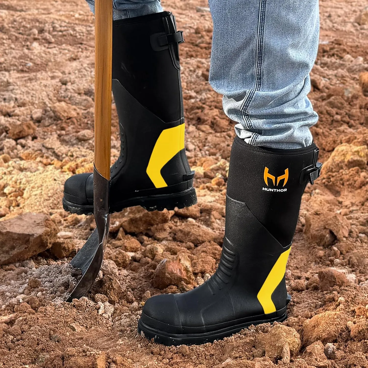 Rubber Work Boots, Puncture-Proof with Steel Toe & Shank, Lightweight Waterproof Anti Slip EVA Outsole Hunting Boots for Men, 6mm Neoprene for Construction, Manufacturing or Farming(Size 6-14)