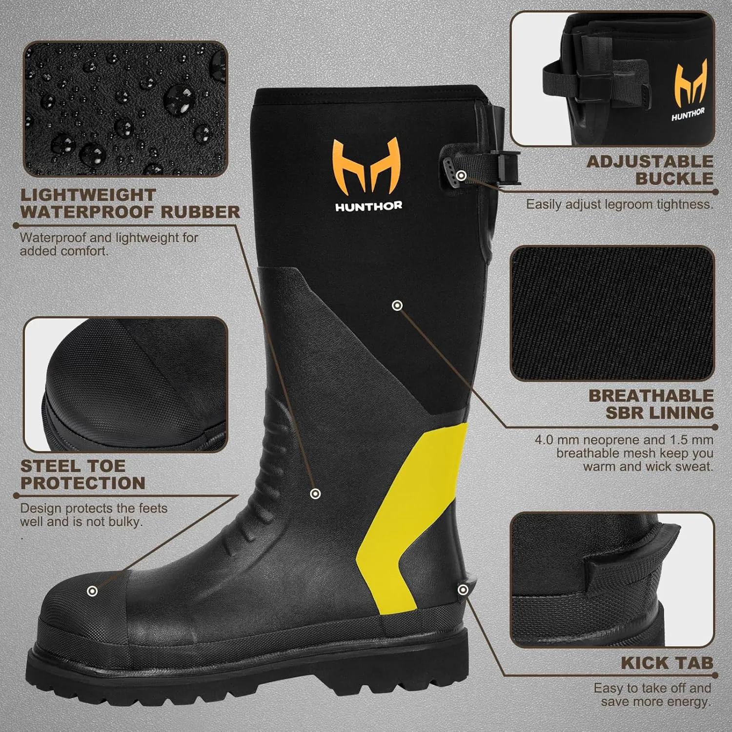 Rubber Work Boots, Puncture-Proof with Steel Toe & Shank, Lightweight Waterproof Anti Slip EVA Outsole Hunting Boots for Men, 6mm Neoprene for Construction, Manufacturing or Farming(Size 6-14)