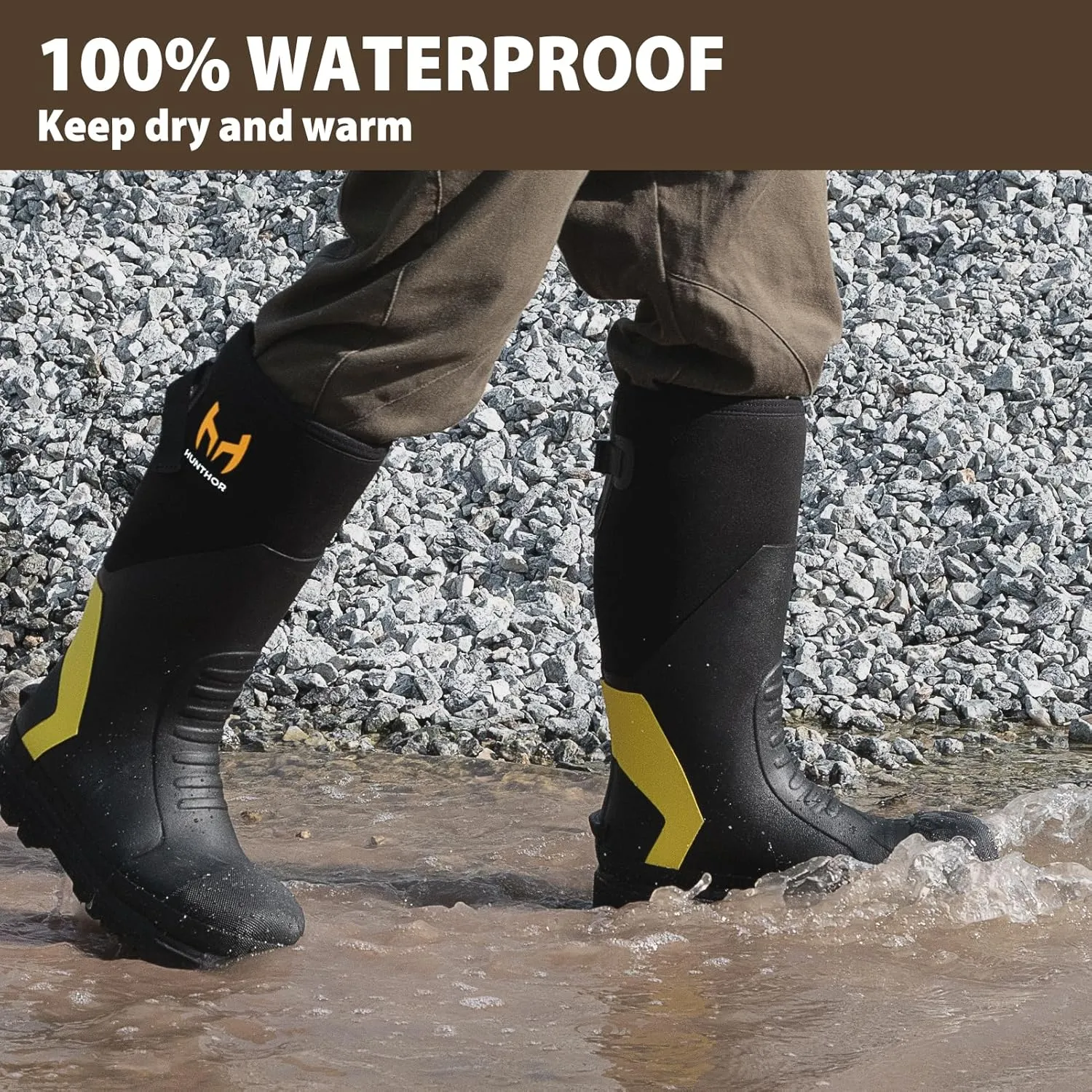 Rubber Work Boots, Puncture-Proof with Steel Toe & Shank, Lightweight Waterproof Anti Slip EVA Outsole Hunting Boots for Men, 6mm Neoprene for Construction, Manufacturing or Farming(Size 6-14)