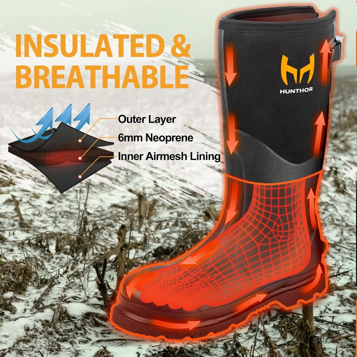 Rubber Work Boots, Puncture-Proof with Steel Toe & Shank, Lightweight Waterproof Anti Slip EVA Outsole Hunting Boots for Men, 6mm Neoprene for Construction, Manufacturing or Farming(Size 6-14)