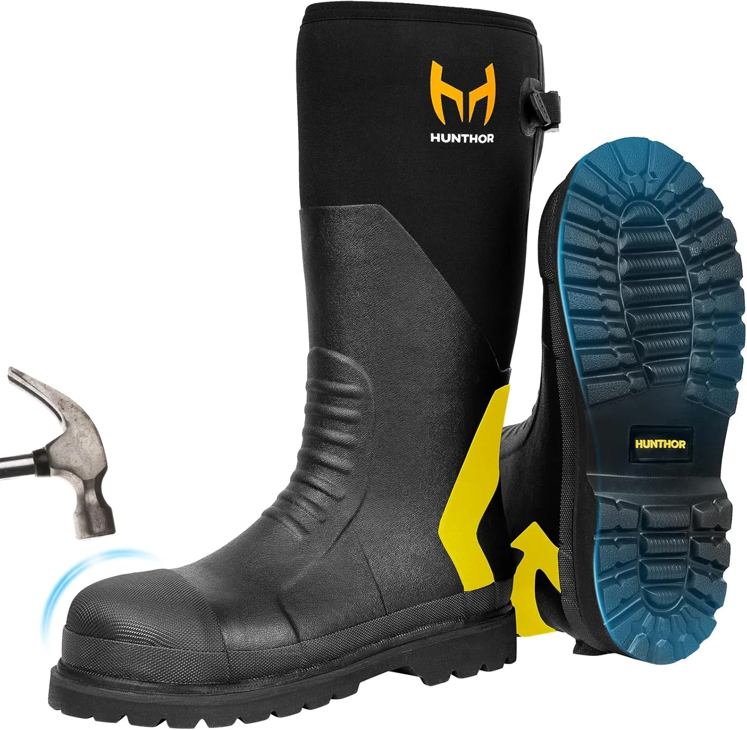 Rubber Work Boots, Puncture-Proof with Steel Toe & Shank, Lightweight Waterproof Anti Slip EVA Outsole Hunting Boots for Men, 6mm Neoprene for Construction, Manufacturing or Farming(Size 6-14)