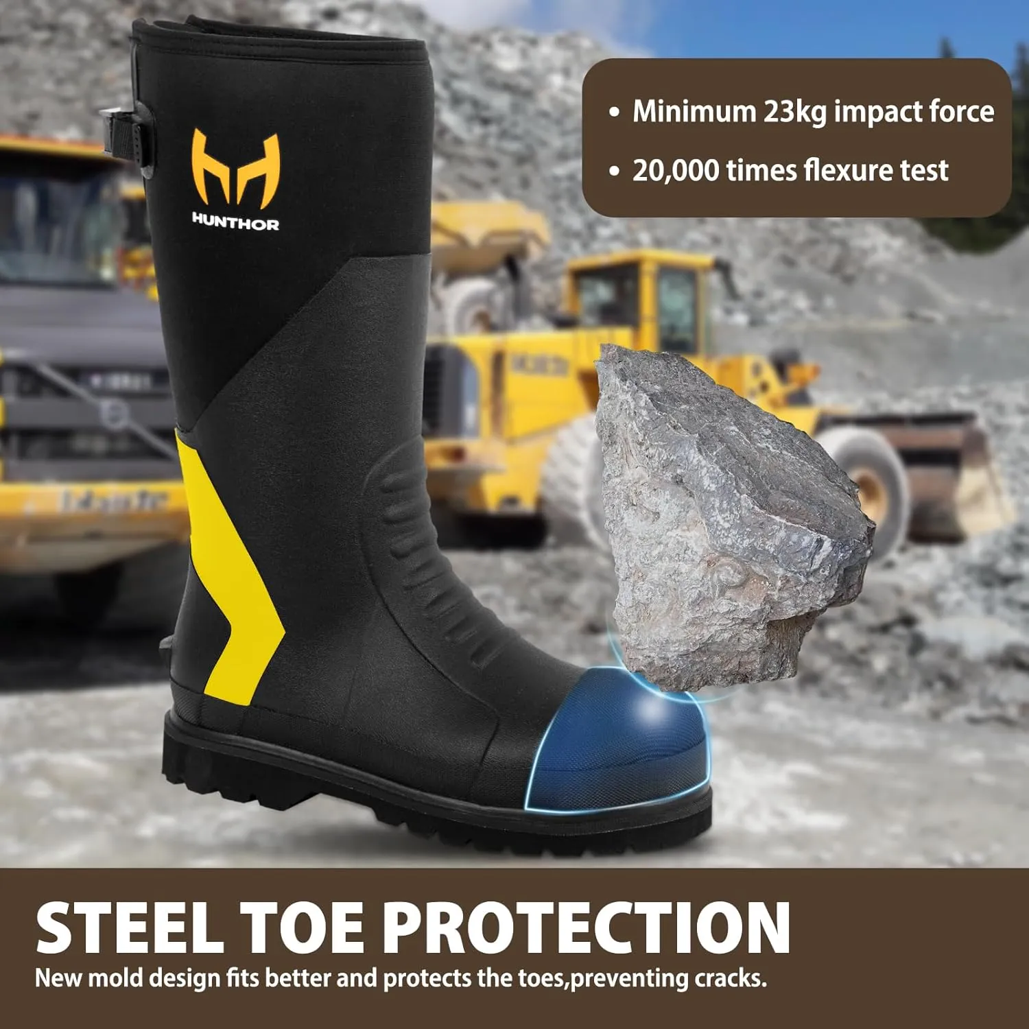 Rubber Work Boots, Puncture-Proof with Steel Toe & Shank, Lightweight Waterproof Anti Slip EVA Outsole Hunting Boots for Men, 6mm Neoprene for Construction, Manufacturing or Farming(Size 6-14)
