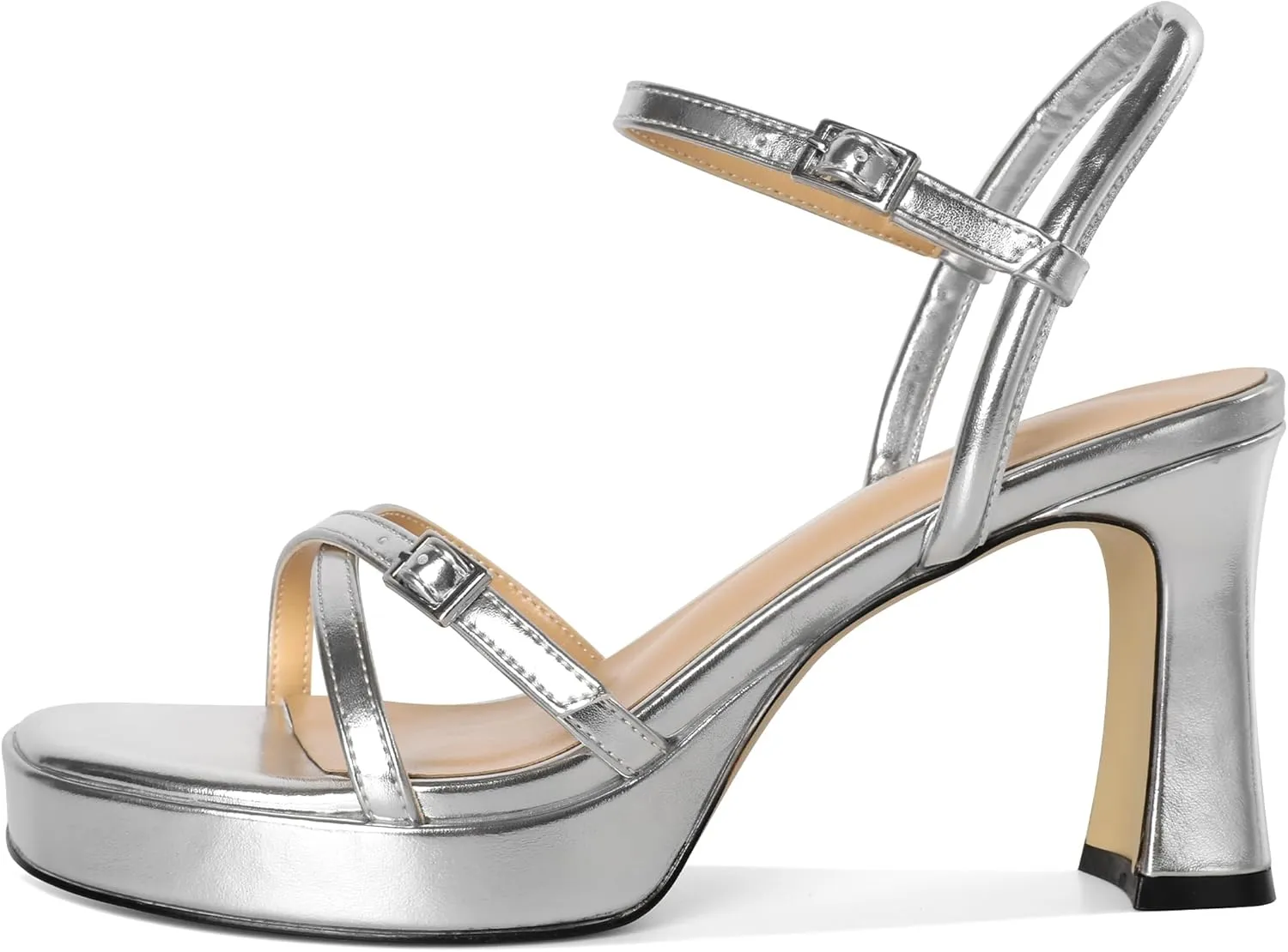 SAMMITOP Platform Heels for Women High Block Chunky Heeled Sandals Open Square Toe Cross Strappy Heels Fashion Wedding Party Dress Shoes 3.5 Inch