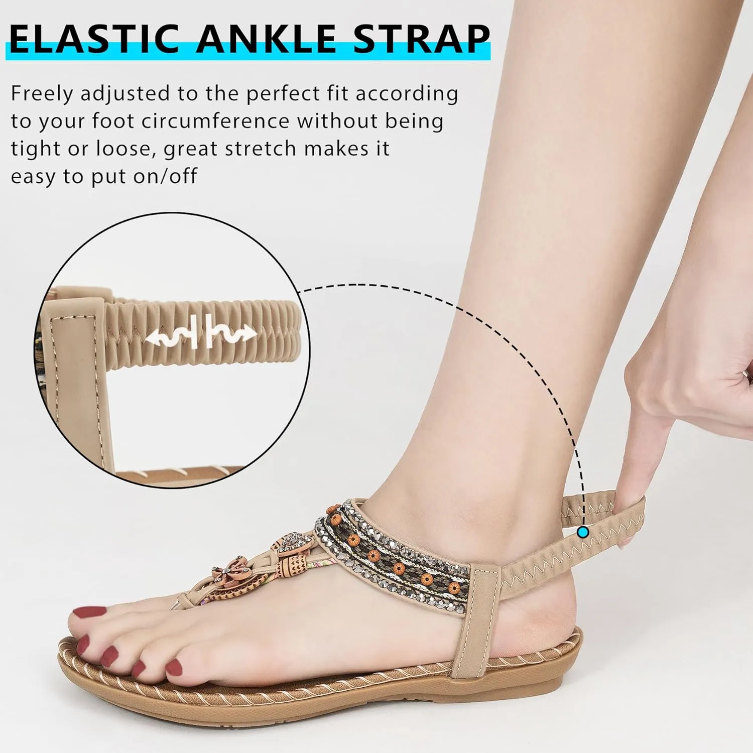 Sandals Women Dressy Flats: Bohemian Flat Sandals for Women Comfortable Summer Casual Flip Flops Elastic Ankle Strap