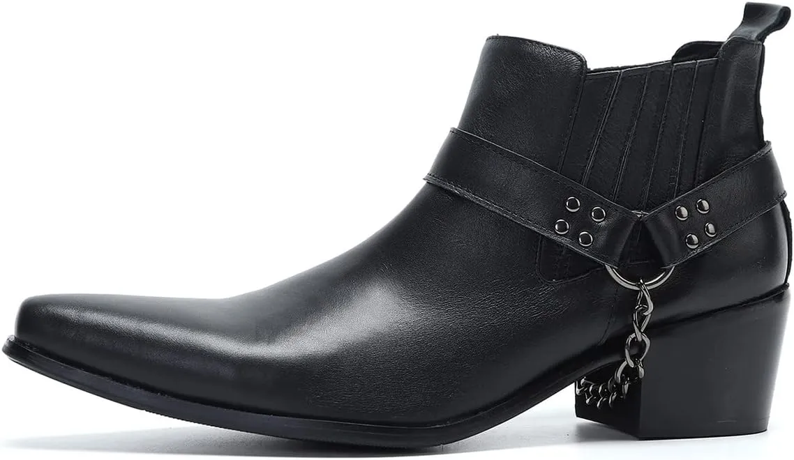 Santimon Chelsea Boots Men Casual Party Dress Leather Cowboy Boots Fashion Western Prom Wedding Ballroom Chain Ankle Boots for Mens