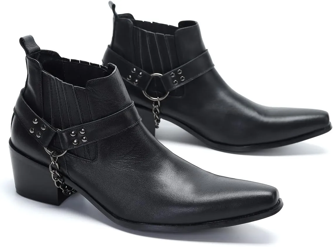 Santimon Chelsea Boots Men Casual Party Dress Leather Cowboy Boots Fashion Western Prom Wedding Ballroom Chain Ankle Boots for Mens