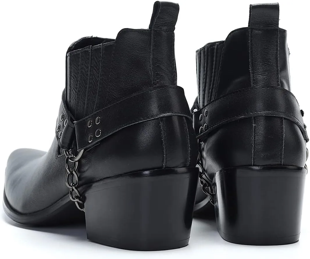 Santimon Chelsea Boots Men Casual Party Dress Leather Cowboy Boots Fashion Western Prom Wedding Ballroom Chain Ankle Boots for Mens