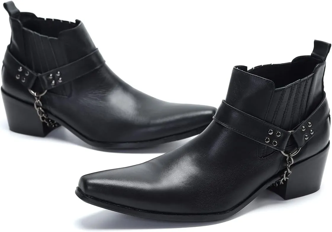 Santimon Chelsea Boots Men Casual Party Dress Leather Cowboy Boots Fashion Western Prom Wedding Ballroom Chain Ankle Boots for Mens