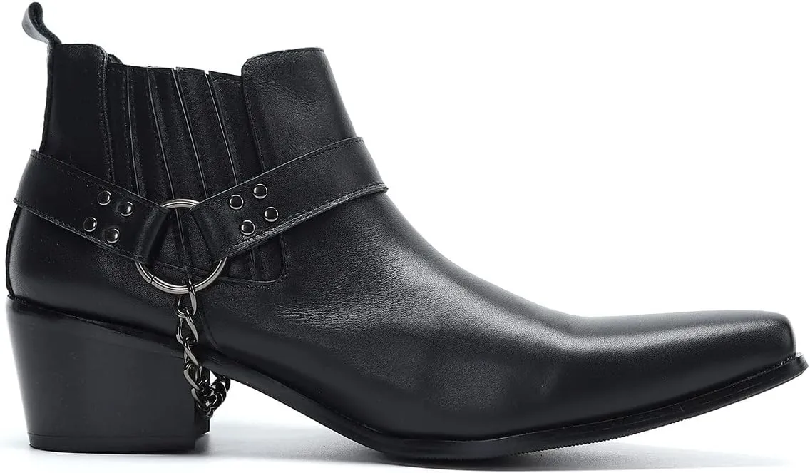 Santimon Chelsea Boots Men Casual Party Dress Leather Cowboy Boots Fashion Western Prom Wedding Ballroom Chain Ankle Boots for Mens