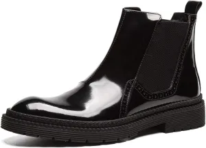 Santimon Mens Causal Chelsea Boots Patent Leather Elastic Ankle Ankle Dress Boots for Men Black Brown