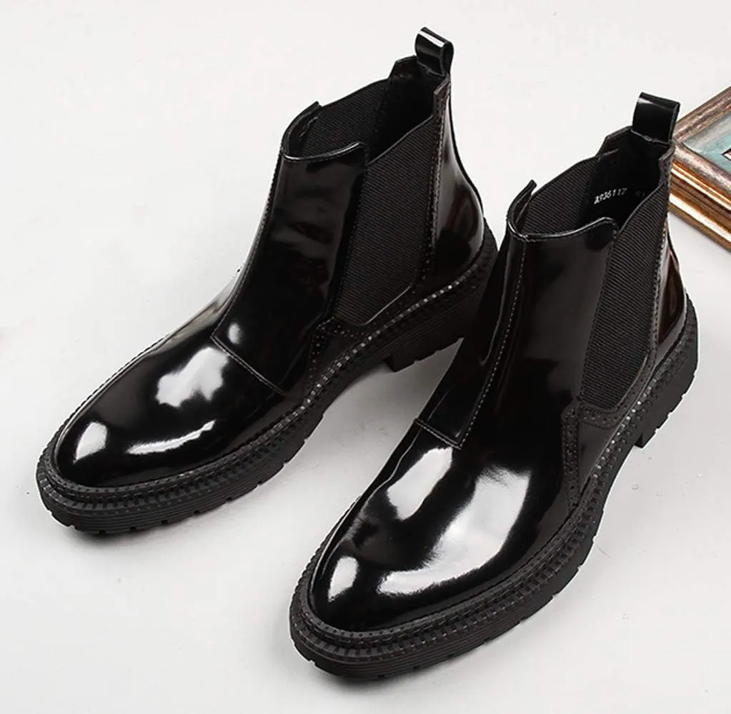 Santimon Mens Causal Chelsea Boots Patent Leather Elastic Ankle Ankle Dress Boots for Men Black Brown