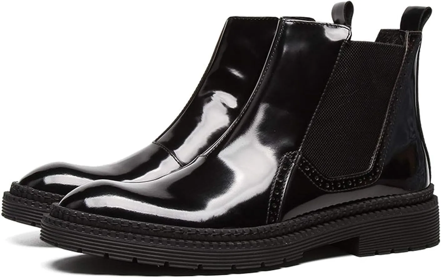 Santimon Mens Causal Chelsea Boots Patent Leather Elastic Ankle Ankle Dress Boots for Men Black Brown