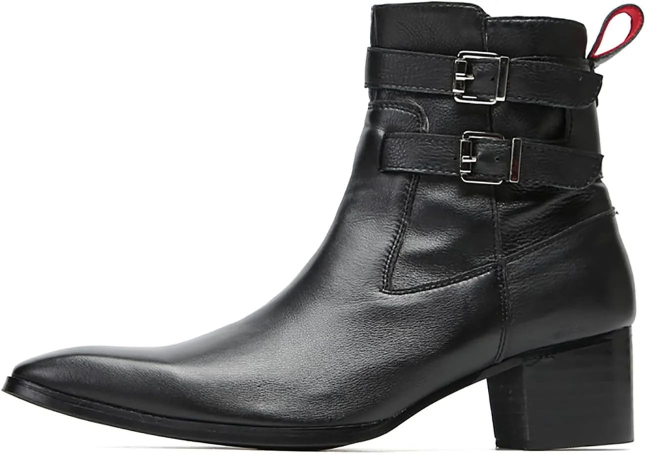 Santimon Mens Chelsea Boots Casual Dress Genuine Leather Motorcycle Boots Plain Toe Double Buttons Zipper Cowboy Boots Fashion Comfort Prom Wedding Party Disco Mid Top Boots for Men