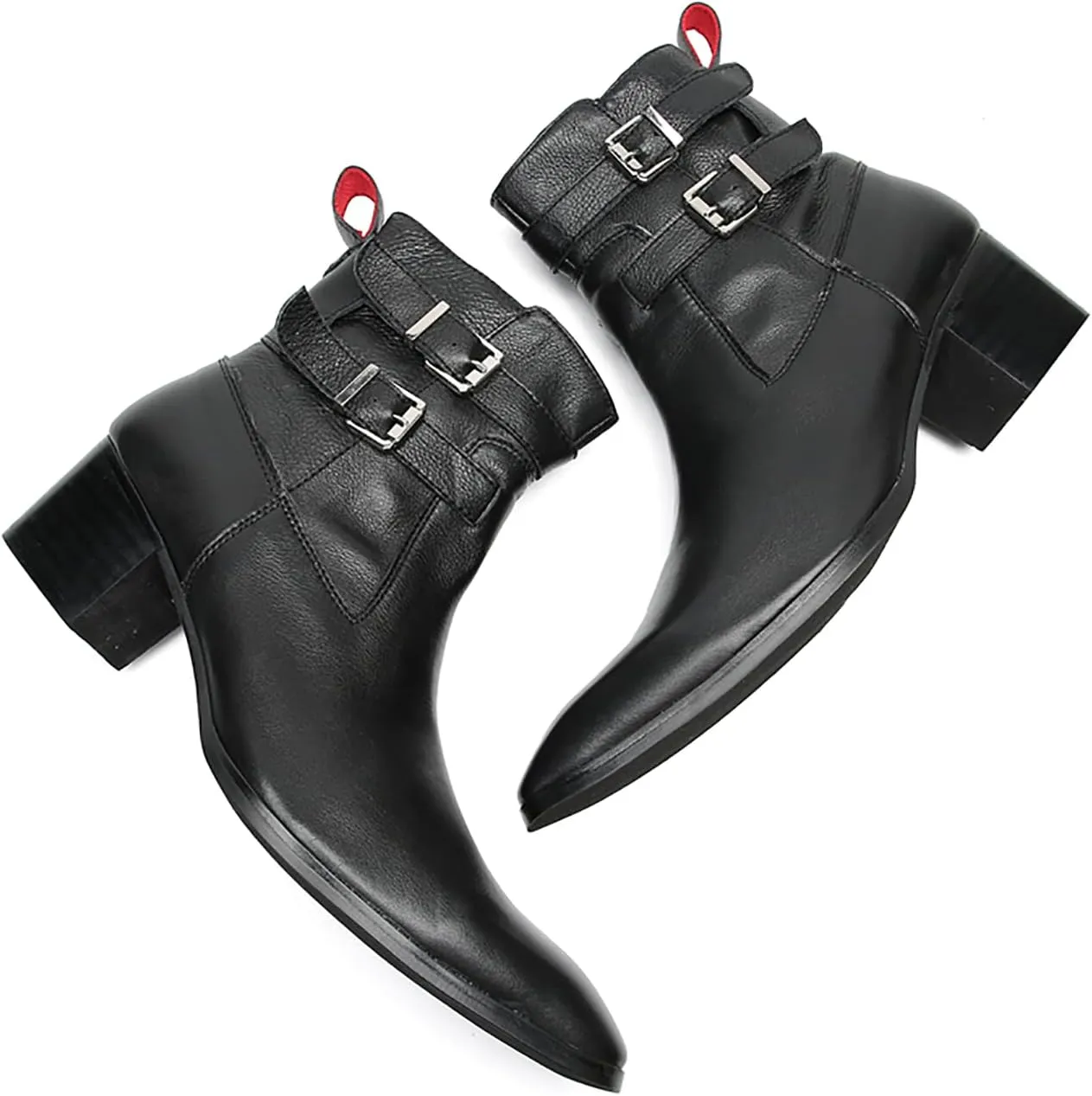 Santimon Mens Chelsea Boots Casual Dress Genuine Leather Motorcycle Boots Plain Toe Double Buttons Zipper Cowboy Boots Fashion Comfort Prom Wedding Party Disco Mid Top Boots for Men
