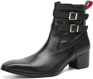 Santimon Mens Chelsea Boots Casual Dress Genuine Leather Motorcycle Boots Plain Toe Double Buttons Zipper Cowboy Boots Fashion Comfort Prom Wedding Party Disco Mid Top Boots for Men