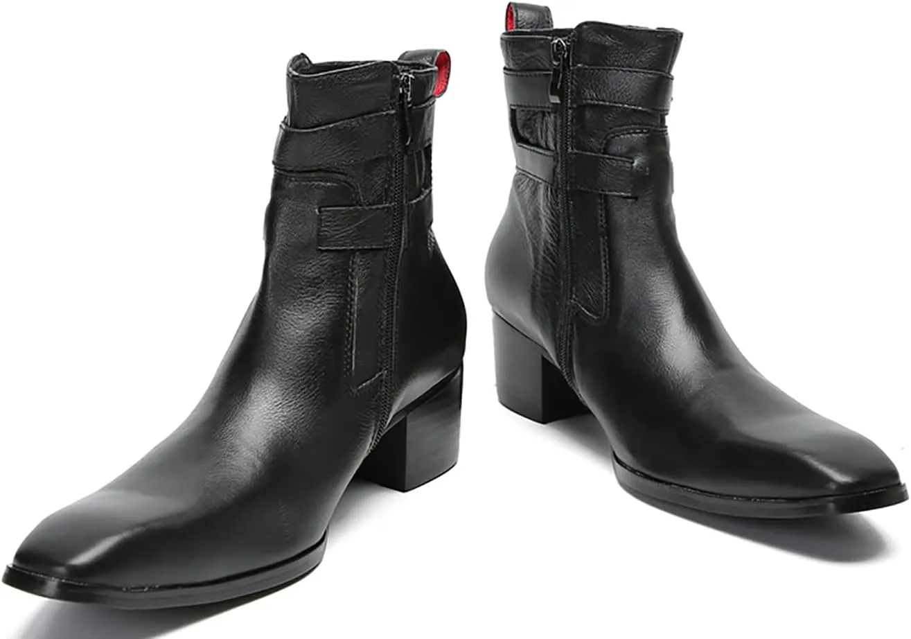 Santimon Mens Chelsea Boots Casual Dress Genuine Leather Motorcycle Boots Plain Toe Double Buttons Zipper Cowboy Boots Fashion Comfort Prom Wedding Party Disco Mid Top Boots for Men