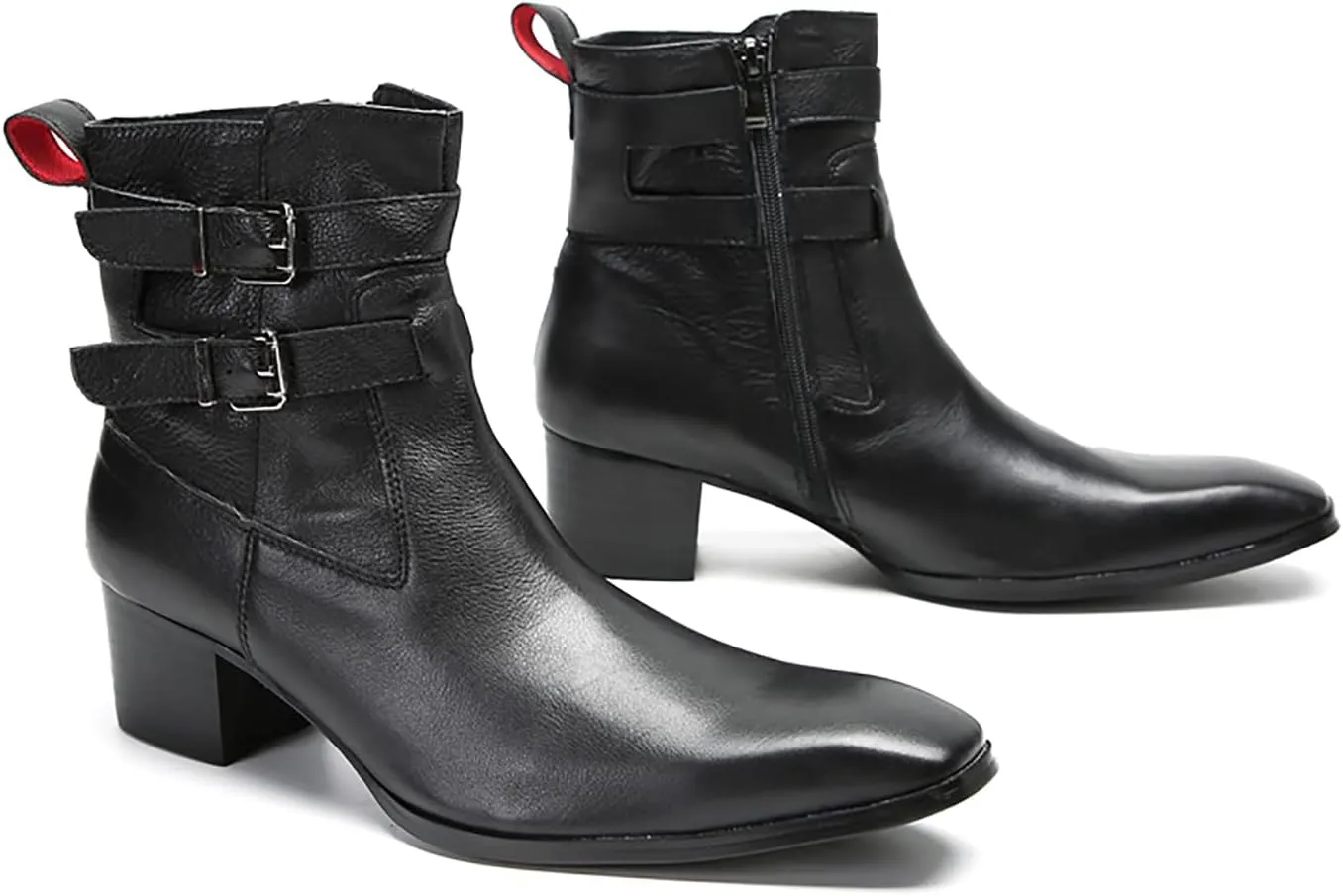 Santimon Mens Chelsea Boots Casual Dress Genuine Leather Motorcycle Boots Plain Toe Double Buttons Zipper Cowboy Boots Fashion Comfort Prom Wedding Party Disco Mid Top Boots for Men