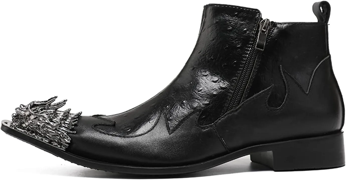 Santimon Men's Chelsea Boots - Genuine Leather Western Ankle Boots with Metal Dragon Wingtip-Toe & Double Zipper - Dress & Casual Cowboy Boots for Party, Disco & Bar
