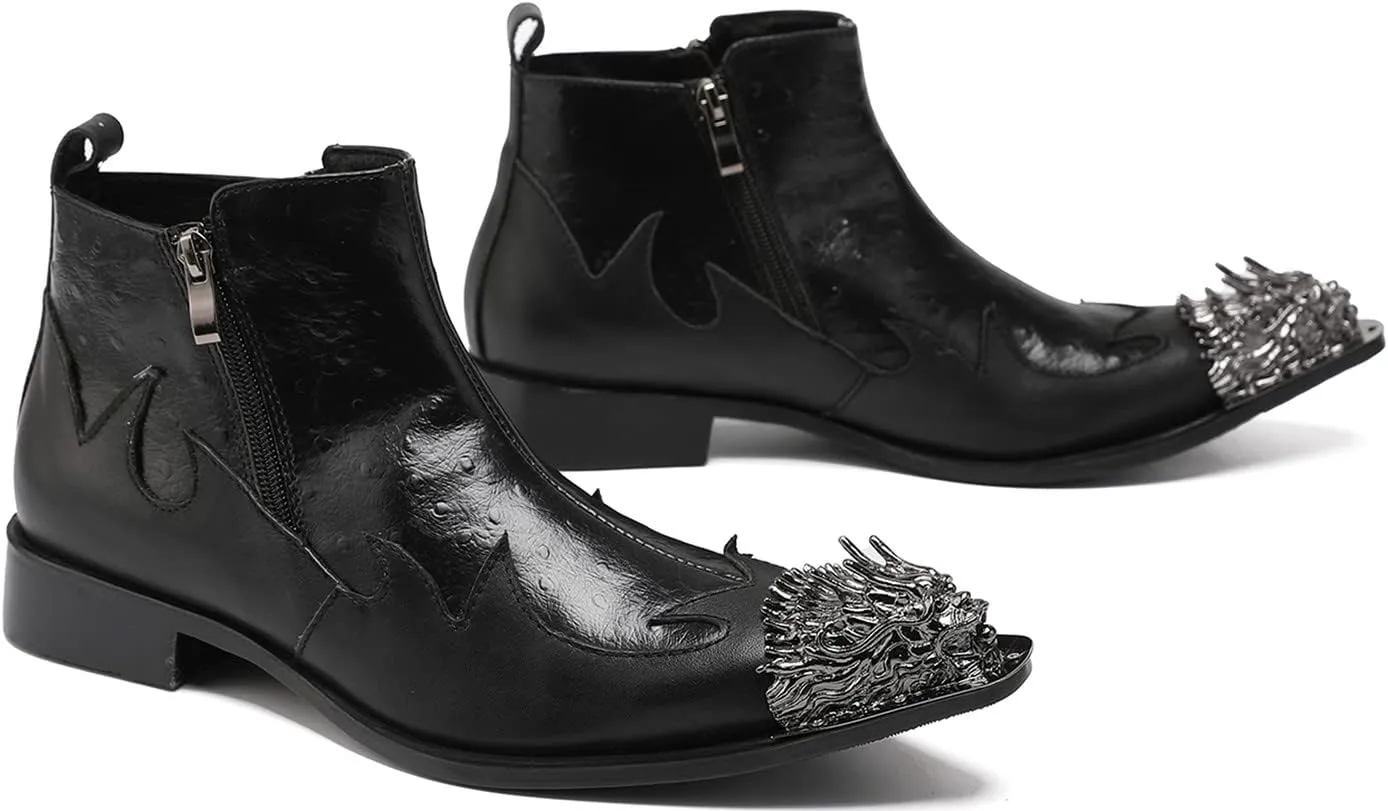 Santimon Men's Chelsea Boots - Genuine Leather Western Ankle Boots with Metal Dragon Wingtip-Toe & Double Zipper - Dress & Casual Cowboy Boots for Party, Disco & Bar