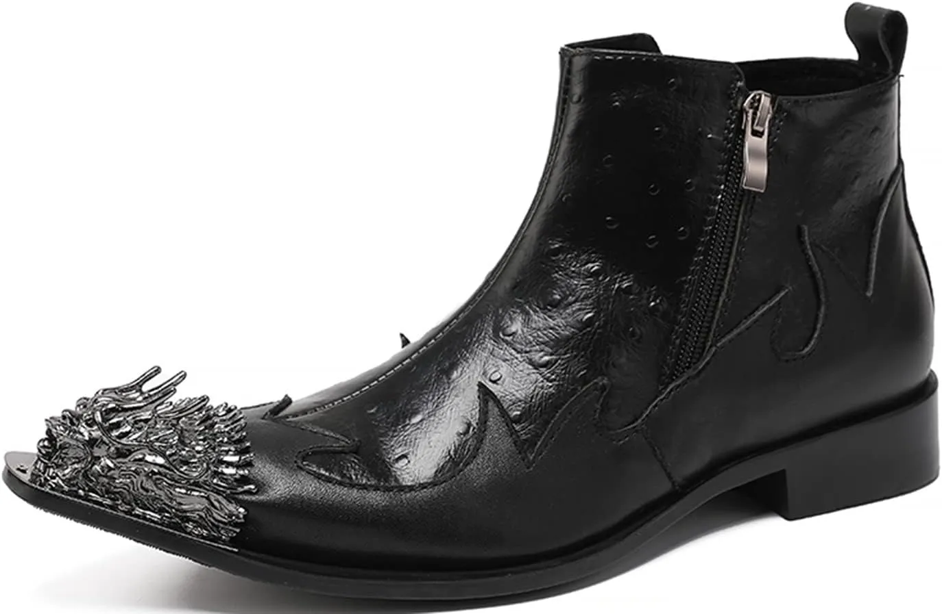 Santimon Men's Chelsea Boots - Genuine Leather Western Ankle Boots with Metal Dragon Wingtip-Toe & Double Zipper - Dress & Casual Cowboy Boots for Party, Disco & Bar