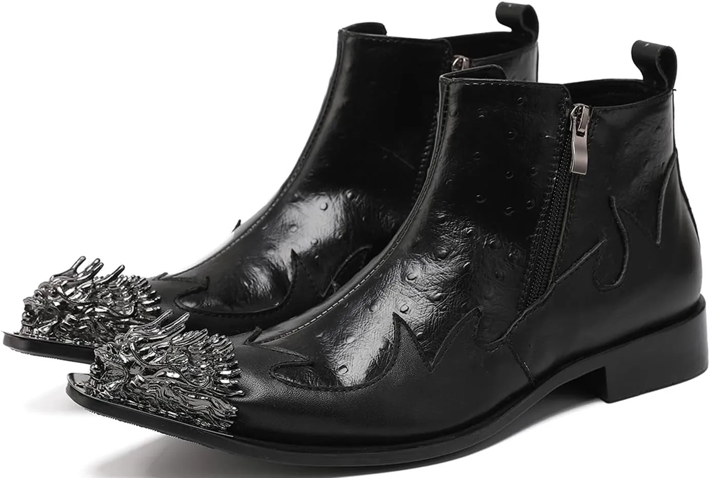 Santimon Men's Chelsea Boots - Genuine Leather Western Ankle Boots with Metal Dragon Wingtip-Toe & Double Zipper - Dress & Casual Cowboy Boots for Party, Disco & Bar