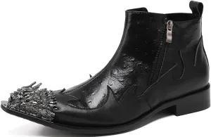 Santimon Men's Chelsea Boots - Genuine Leather Western Ankle Boots with Metal Dragon Wingtip-Toe & Double Zipper - Dress & Casual Cowboy Boots for Party, Disco & Bar