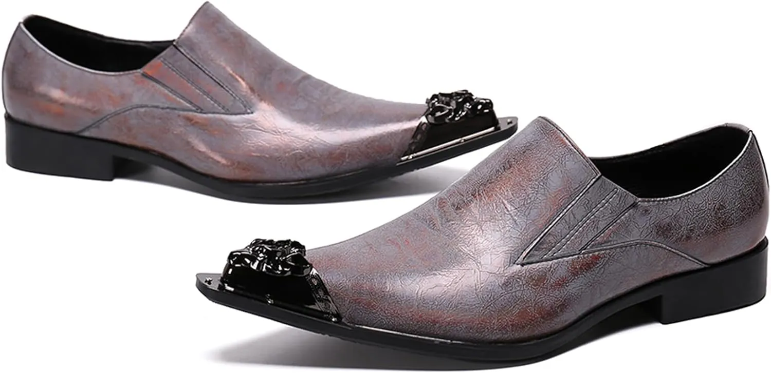 Santimon Mens Loafers Pointed Toe Sparkling Leather Fashion Casual Metal Tip Western Dress Shoes