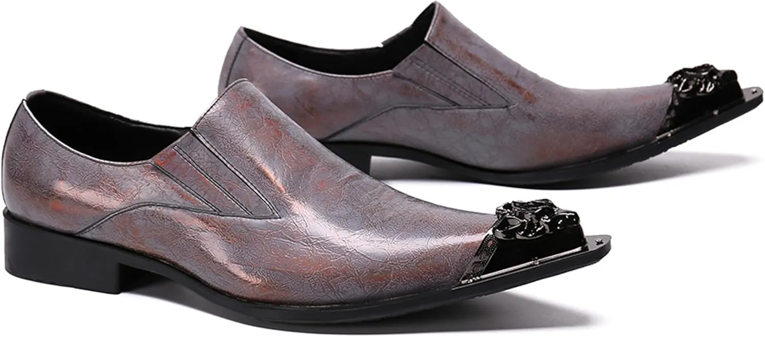 Santimon Mens Loafers Pointed Toe Sparkling Leather Fashion Casual Metal Tip Western Dress Shoes