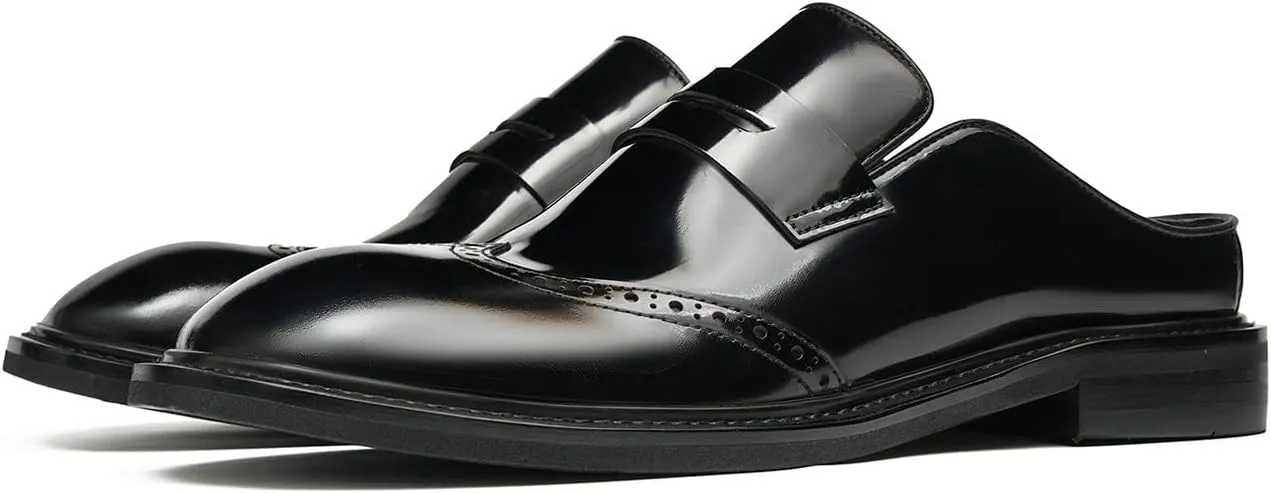 Santimon Men’s Mules Penny Loafer Slip-On Dress Shoes, Polished Wingtip Brogue Clogs for Business Casual, Open-Back Outside Slippers for Men