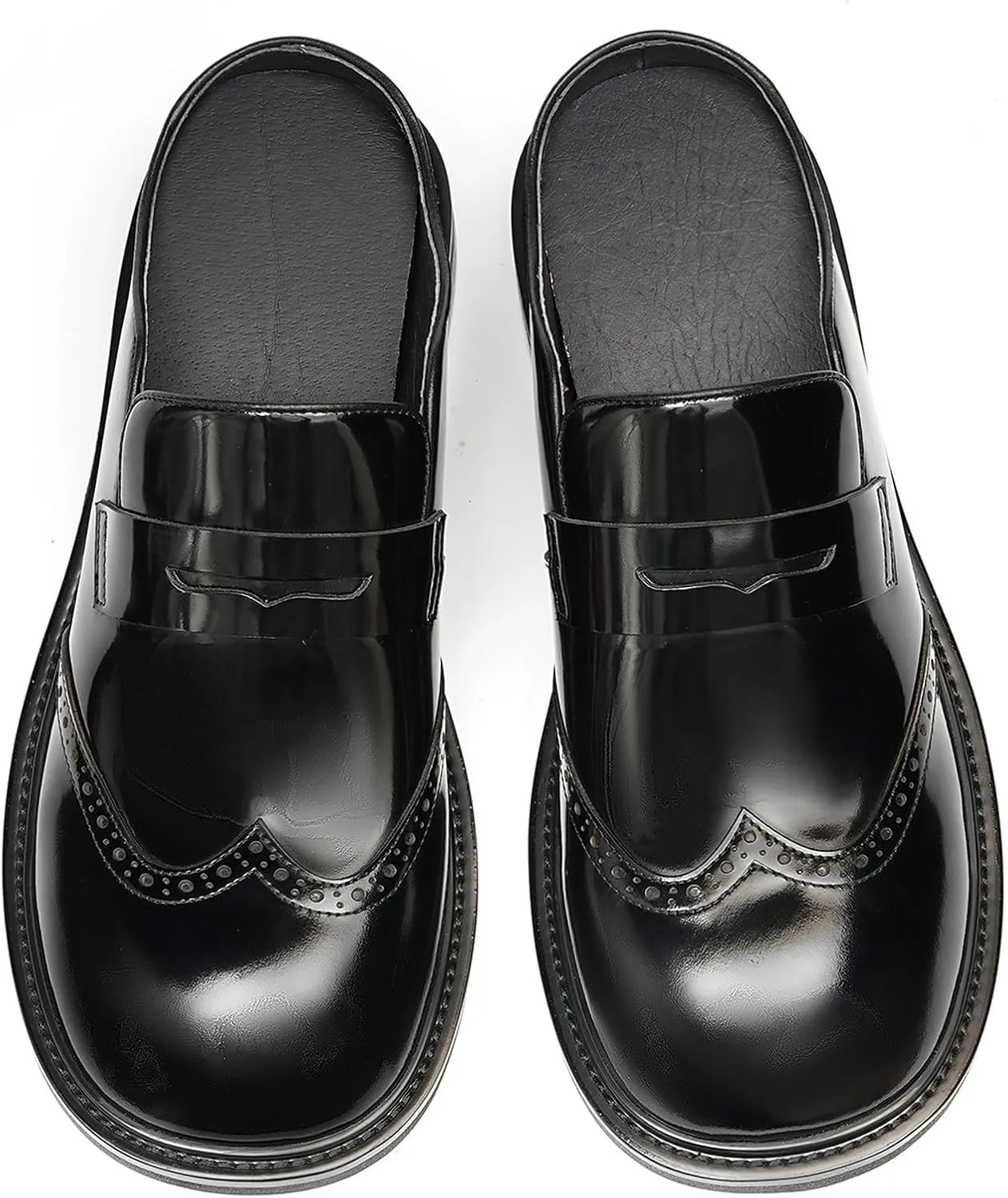 Santimon Men’s Mules Penny Loafer Slip-On Dress Shoes, Polished Wingtip Brogue Clogs for Business Casual, Open-Back Outside Slippers for Men