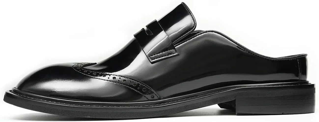 Santimon Men’s Mules Penny Loafer Slip-On Dress Shoes, Polished Wingtip Brogue Clogs for Business Casual, Open-Back Outside Slippers for Men