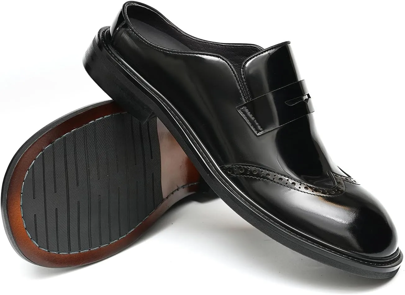 Santimon Men’s Mules Penny Loafer Slip-On Dress Shoes, Polished Wingtip Brogue Clogs for Business Casual, Open-Back Outside Slippers for Men