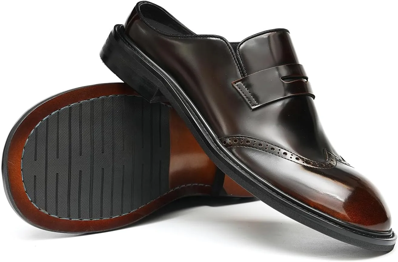 Santimon Men’s Mules Penny Loafer Slip-On Dress Shoes, Polished Wingtip Brogue Clogs for Business Casual, Open-Back Outside Slippers for Men
